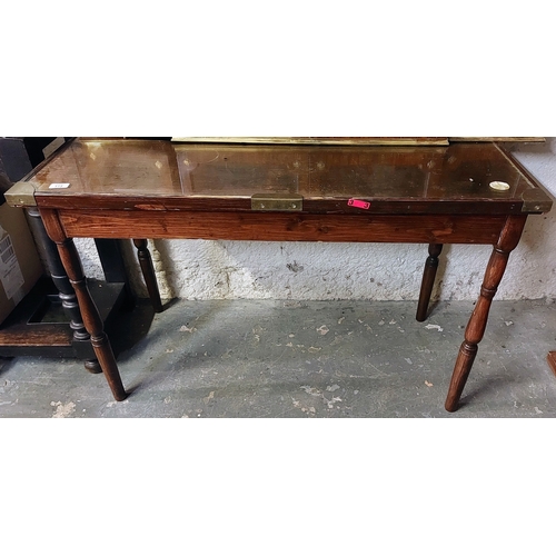 173 - Brass Bound Pine Table with Glass Top Protector - C. 114cm W x 54cm D x 75cm H