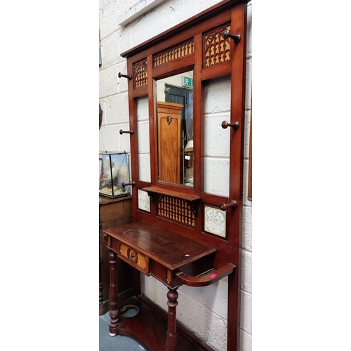 47 - Mahogany Hall Stand with Tile and Mirror Back - C. 108cm W x 214cm H