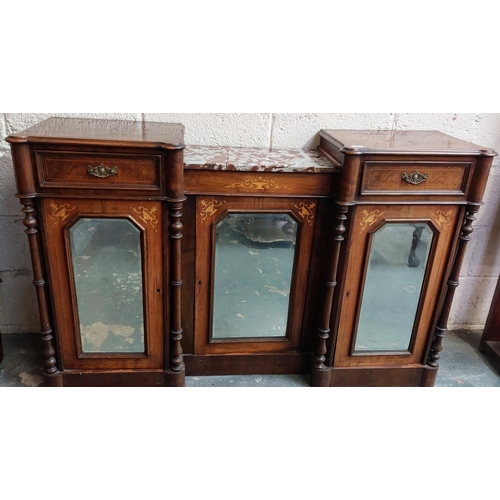 55 - Edwardian Inlaid Mahogany Mirror Door Sideboard with Centre Marble Top - C. 150cm W x 39cm D x 94cm ... 