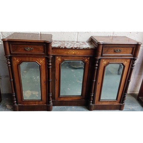 55 - Edwardian Inlaid Mahogany Mirror Door Sideboard with Centre Marble Top - C. 150cm W x 39cm D x 94cm ... 