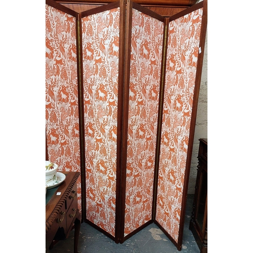 58 - 4 Fold Mahogany Cloth Inset Screen - C. 191cm H