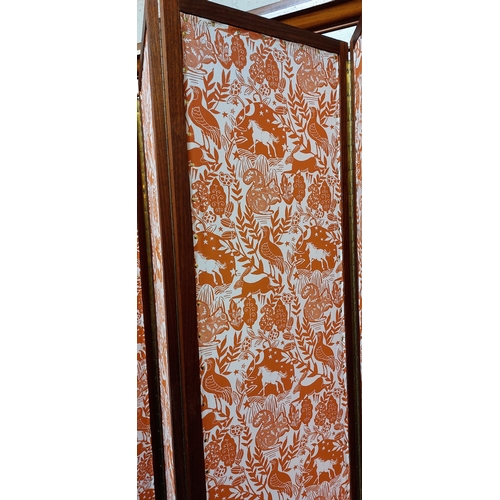 58 - 4 Fold Mahogany Cloth Inset Screen - C. 191cm H