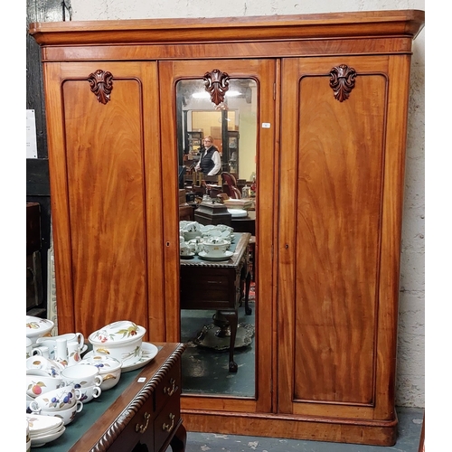 59 - Victorian Mahogany Triple Door Wardrobe, with Central Mirror Door and Pull Out Shelving - C. 183cm W... 