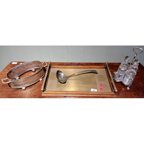 86 - Brass Handle Tray, Silver Plated Condiment Set, Dish Ring & Ladle