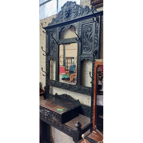 183 - Carved Oak Hall Stand with Mirror Back - C. 90cm W x 36cm D x 220cm H