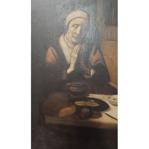 187 - Early Oil on Canvas - Praying Monk at Mealtime - Gilt Framed - C. 46cm W x 57cm H (not inc frame)