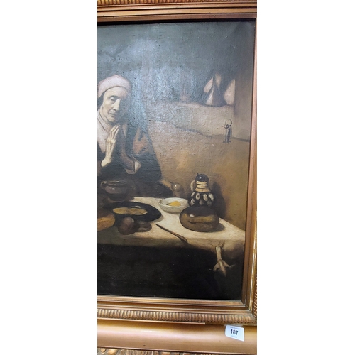 187 - Early Oil on Canvas - Praying Monk at Mealtime - Gilt Framed - C. 46cm W x 57cm H (not inc frame)