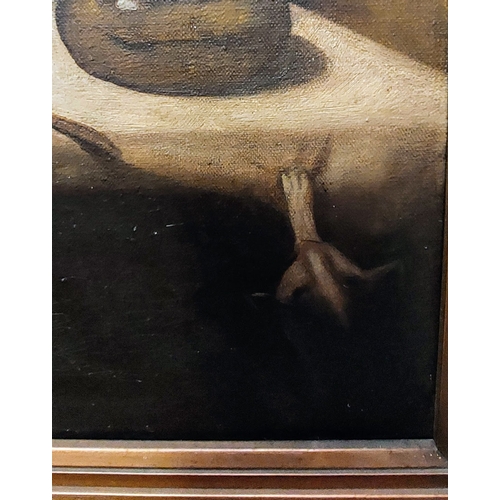 187 - Early Oil on Canvas - Praying Monk at Mealtime - Gilt Framed - C. 46cm W x 57cm H (not inc frame)