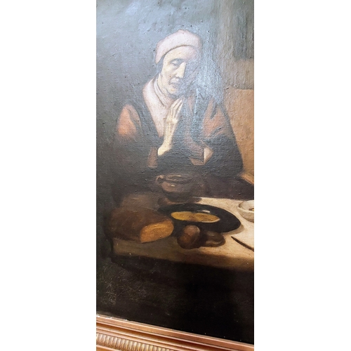 187 - Early Oil on Canvas - Praying Monk at Mealtime - Gilt Framed - C. 46cm W x 57cm H (not inc frame)