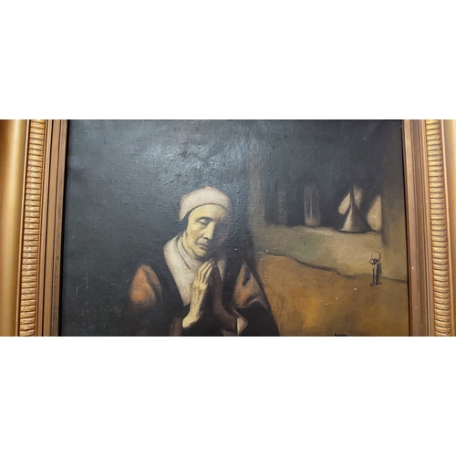 187 - Early Oil on Canvas - Praying Monk at Mealtime - Gilt Framed - C. 46cm W x 57cm H (not inc frame)