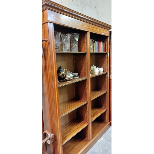 209 - Quality Mahogany Inlaid Double Floor Bookcase with Adjustable Shelves - C. 142cm W x 34cm D x 200cm ... 