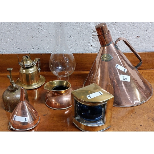 228 - Collection of Quality Brass and Copper Ware inc Oil Can, Funnel, Ships Lantern, Bloods Whistling Ket... 