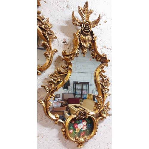 231 - Pair of Ornate Gilt Mirrors with Floral Panels - C. 94cm H x 52cm W