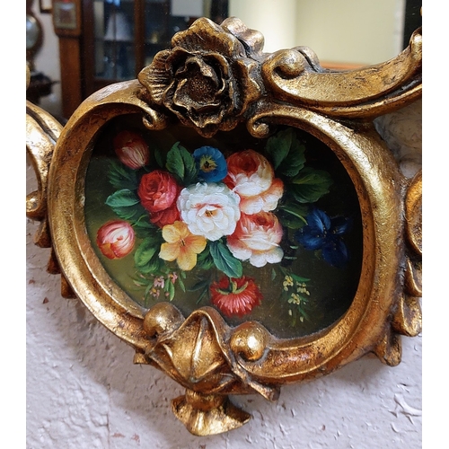 231 - Pair of Ornate Gilt Mirrors with Floral Panels - C. 94cm H x 52cm W