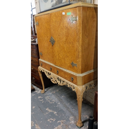 252 - Retro Burr Walnut Fitted Drinks Cabinet with Carved Base and 2 Drawers - C. 117cm W x 50cm D x 152cm... 