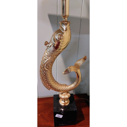 264 - Koi Fish Gilded Brass Table Lamp with Marble Base - C. 102cm H