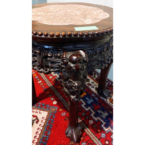 275 - Oriental Carved Side Table with Marble Top - C. 50cm W x 47cm H