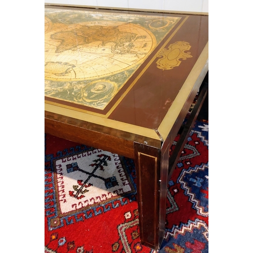 291 - Brass Bound Mahogany Coffee Table with Brass Inlay, World Map Glazed Top on Stretcher Base - C. 103c... 