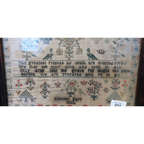 334 - Georgian Framed Needlework Sampler 1822 - C. 37cm x 37cm inc frame