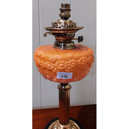 358 - Victorian Brass and Orange Glass Oil Lamp (Converted) - C. 50cm H