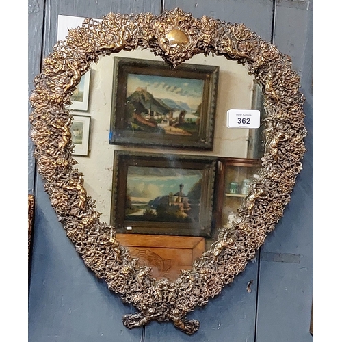 362 - Filigree Heart Shaped Cherub Mirror - C. 34cm W x 39cm H