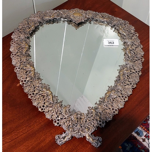 362 - Filigree Heart Shaped Cherub Mirror - C. 34cm W x 39cm H