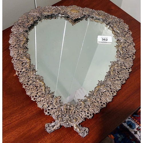 362 - Filigree Heart Shaped Cherub Mirror - C. 34cm W x 39cm H