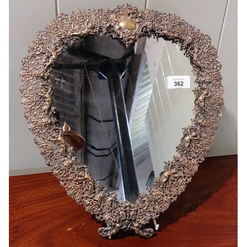 362 - Filigree Heart Shaped Cherub Mirror - C. 34cm W x 39cm H