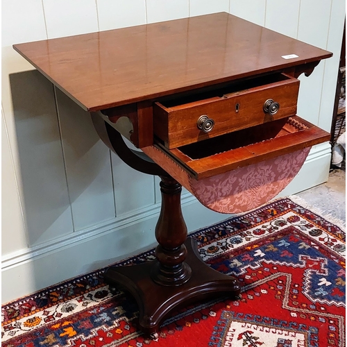 383 - Mahogany Work Box Table with Pedestal Base and Castors - C. 67cm W x 46cm D x 79cm H