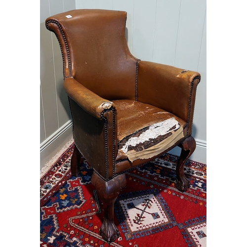 393 - 19th Century Oak Library Armchair with Studded Leather on Ball and Claw Feet