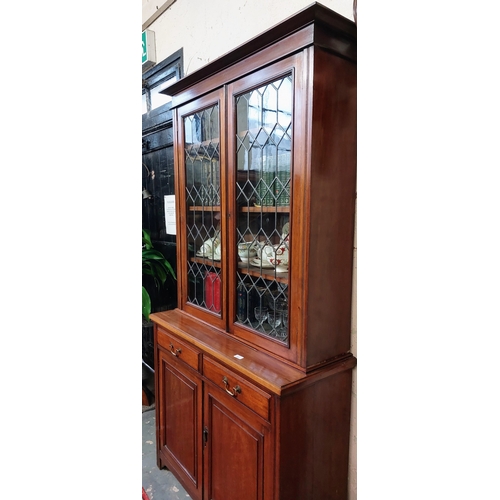 405 - Fine Mahogany Bookcase with Leaded Glass Doors and 2 Drawers over Cupboard - C. 104cm W x 40cm D x 2... 