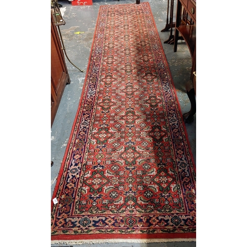 407 - Red Wool Runner Rug - C. 400cm x 90cm