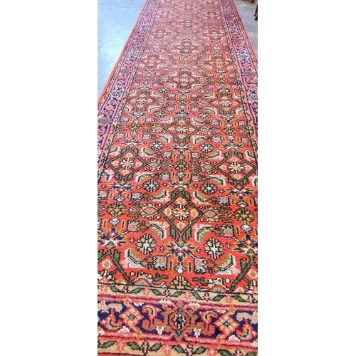 407 - Red Wool Runner Rug - C. 400cm x 90cm