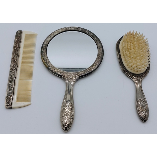 414 - Silver Plate Brush Set - Brush, Mirror, Comb