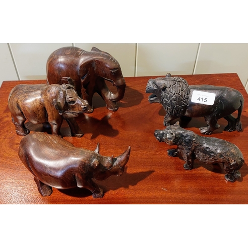 415 - 5 Carved African Animals - C. 12cm H