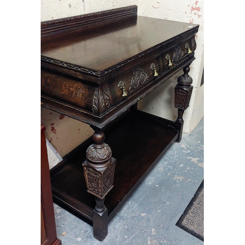 417 - Highly Carved Oak 2-Tier Serving Table with Gallery Back - C. 109cm W x 50cm D x 97cm H