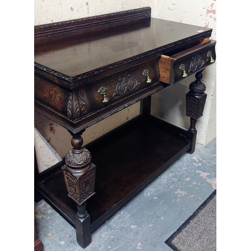 417 - Highly Carved Oak 2-Tier Serving Table with Gallery Back - C. 109cm W x 50cm D x 97cm H