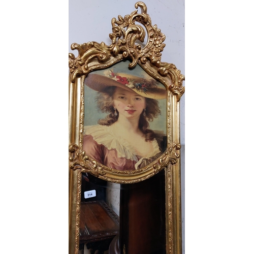 514 - Narrow French Style Ornate Gilt Beveled Mirror with Portrait Panel - C. 50cm W x 177cm H