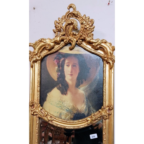 515 - Narrow French Style Ornate Gilt Beveled Mirror with Portrait Panel - C. 50cm W x 177cm H