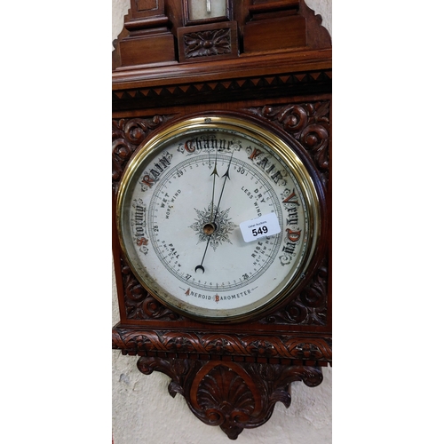 549 - Carved Mahogany Aneroid Barometer - C. 107cm H