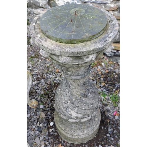 553 - Spiral Base Composite Stone Sundial - C. 86cm H x 33cm W