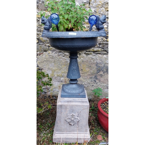 585 - Cast Metal Urn Planter on Concrete Base - C. 64cm W x 125cm H