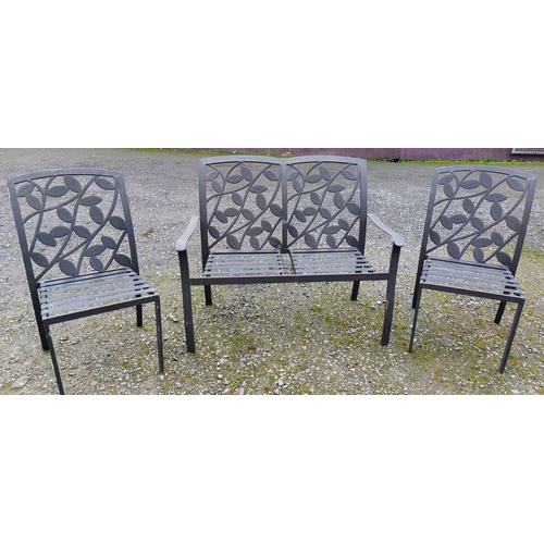 590 - Black Aluminium Leaf Design Garden Bench (C. 113cm W) and 2 Chairs