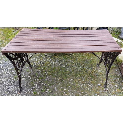 611 - Metal Base Wooden Slat Top Garden Table - C. 123cm W x 62cm D x 67cm H