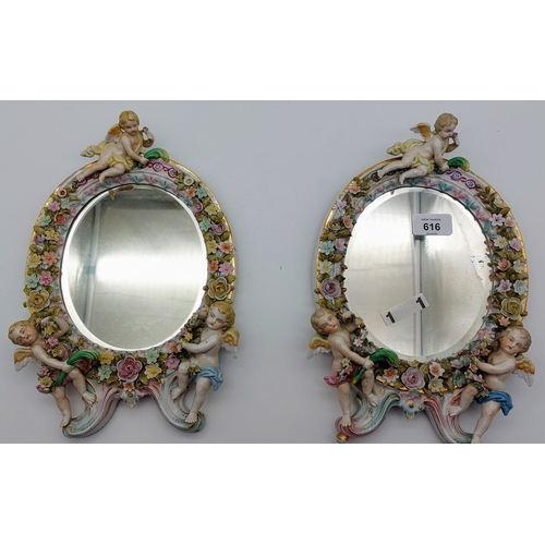 616 - Pair of Dresden Cherub Porcelain Mirrors - C. 30cm H