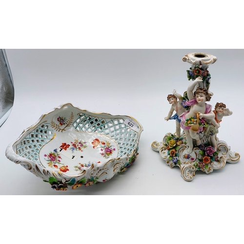 623 - 19th Century Porcelain Lattice Fruit Bowl with Figural Base - C. 32cm W x 36cm H