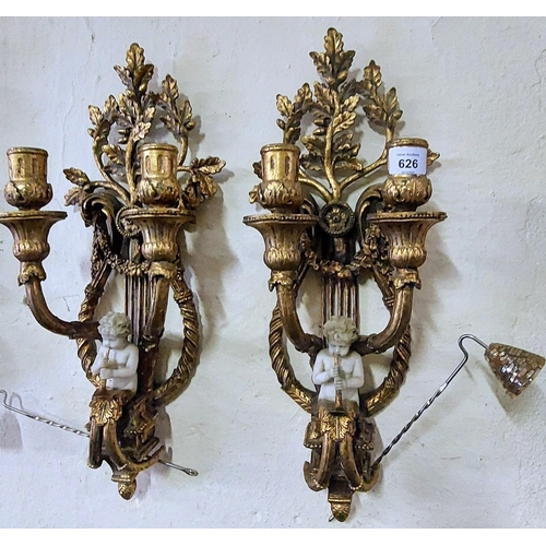 626 - Pair of Gilded Lyre and Cherub Candle Wall Sconces with Candle Snuffers - C. 50cm H