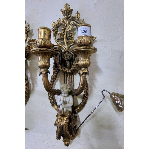 626 - Pair of Gilded Lyre and Cherub Candle Wall Sconces with Candle Snuffers - C. 50cm H