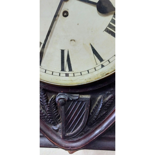 627 - Early 19th Century Irish Fusee Wall Clock - Highly Carved Mahogany with Irish Motifs inc Shamrock, S... 