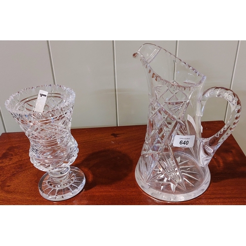 640 - Heavy Cut Glass Vase & Jug